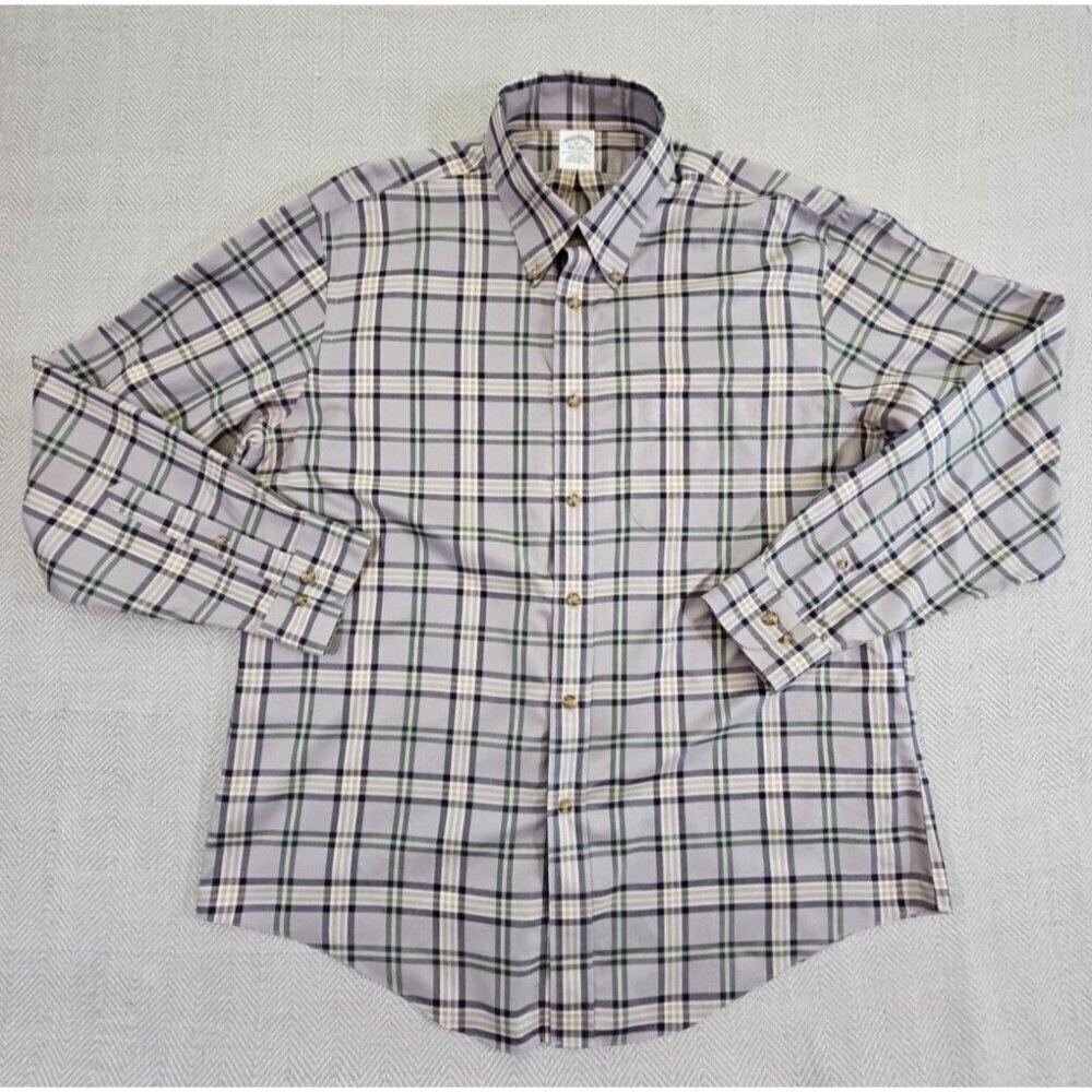 Brooks Brothers Shirt Men's XL‎ Grey Gray Plaid Long Sleeve Supima Cotton EUC LN